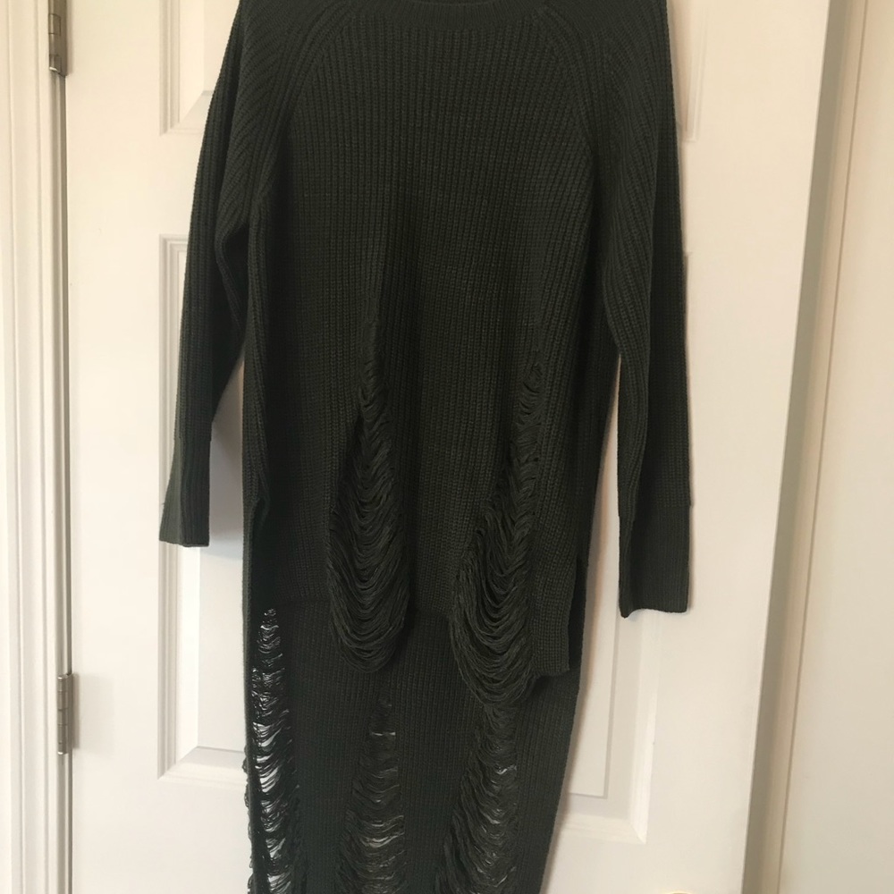 Olive green high-low ripped sweater